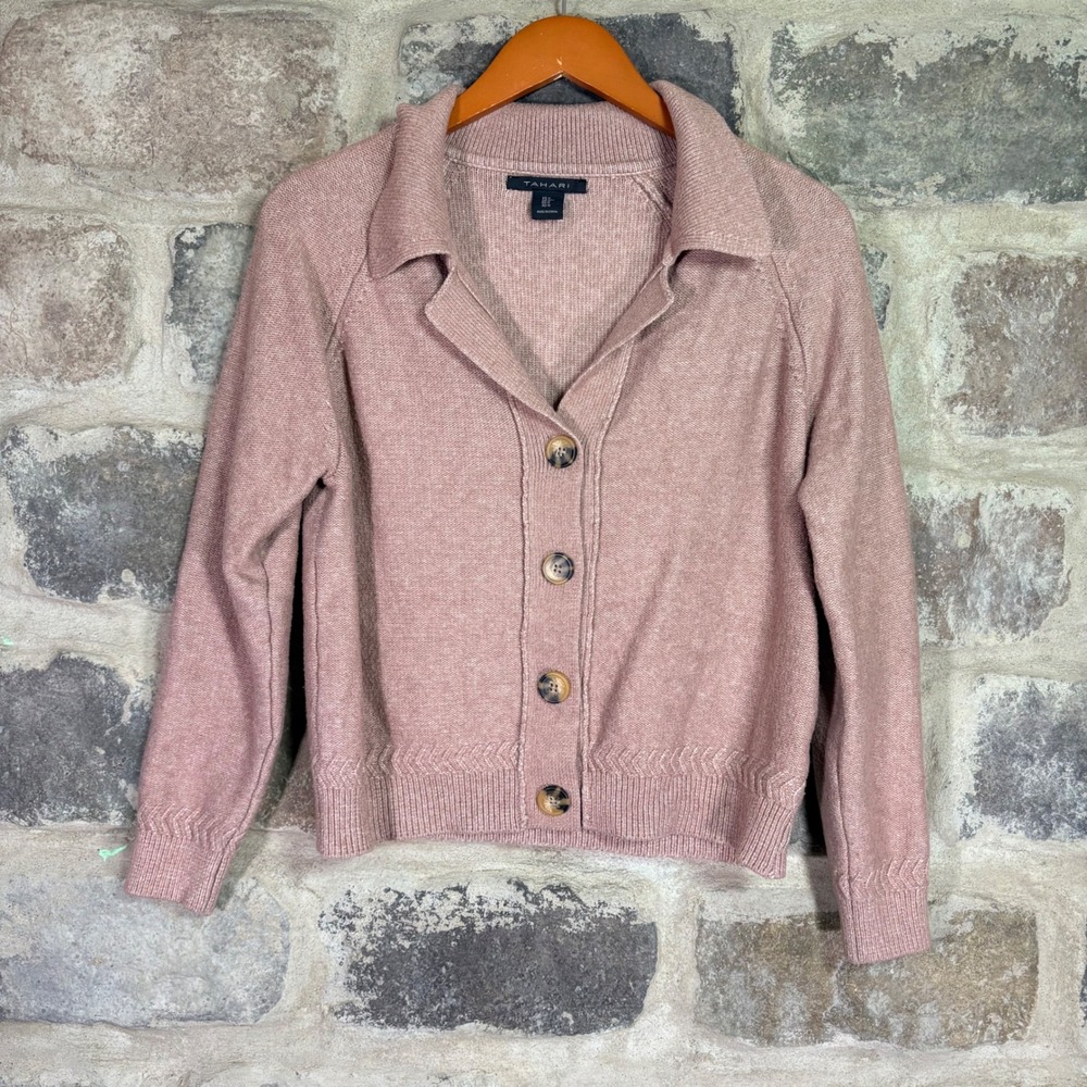 Tahari Womens Mauve Pink Button Front Cardigan Sweater Notched Lapel Size Medium